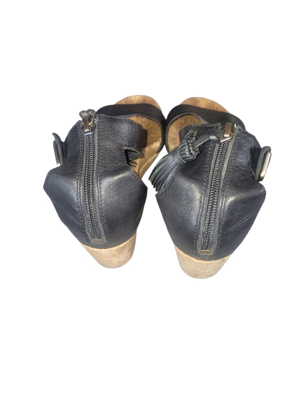 UGG Zoe Black Leather Cork Wedge Sandals with Tassel Ankle Strap Back Zipper Sz7 - Picture 4 of 7